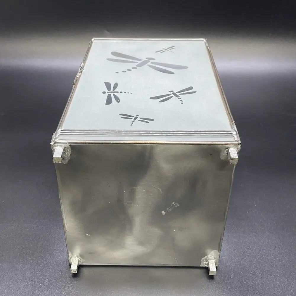 HTF Dragonfly Lantern Frosted Glass With Metal Edges Etched Design Candle Holder
